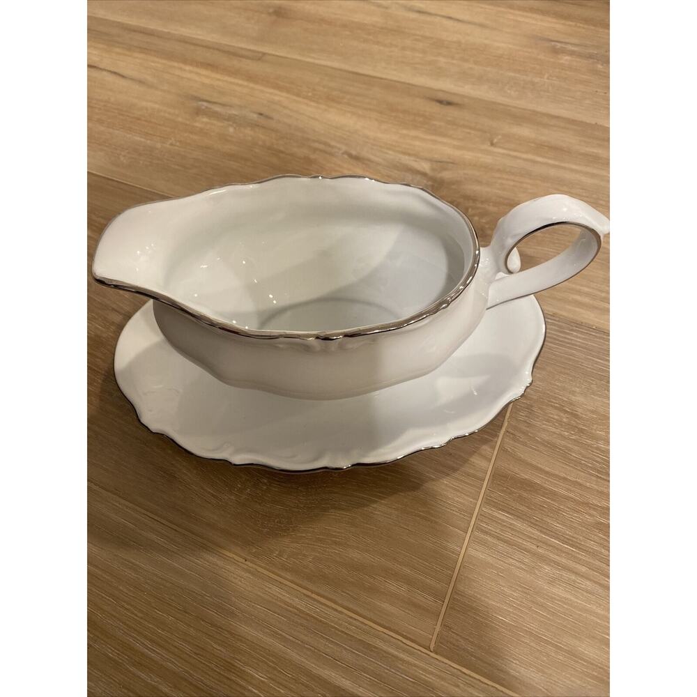 Winterling Bavaria Fine China Gravy Bowl White Platinum Rim W/Plate 1918-1935
